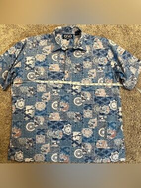 ONO Men’s Vintage  Blue Patchwork Print Button-Up Shirt Dragons